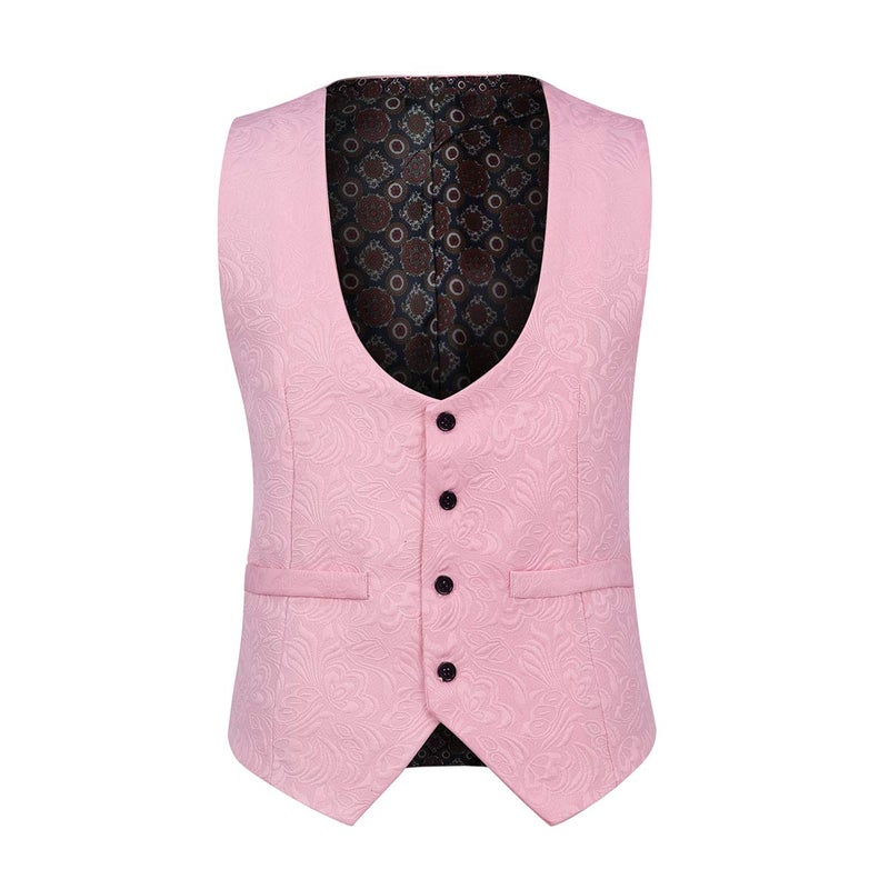 YFFUSHI Men's 3 Piece Suit Slim Fit Jacquard Tuxedo One Button Shawl Collar Jacket Vest Trousers Pink - Image 3